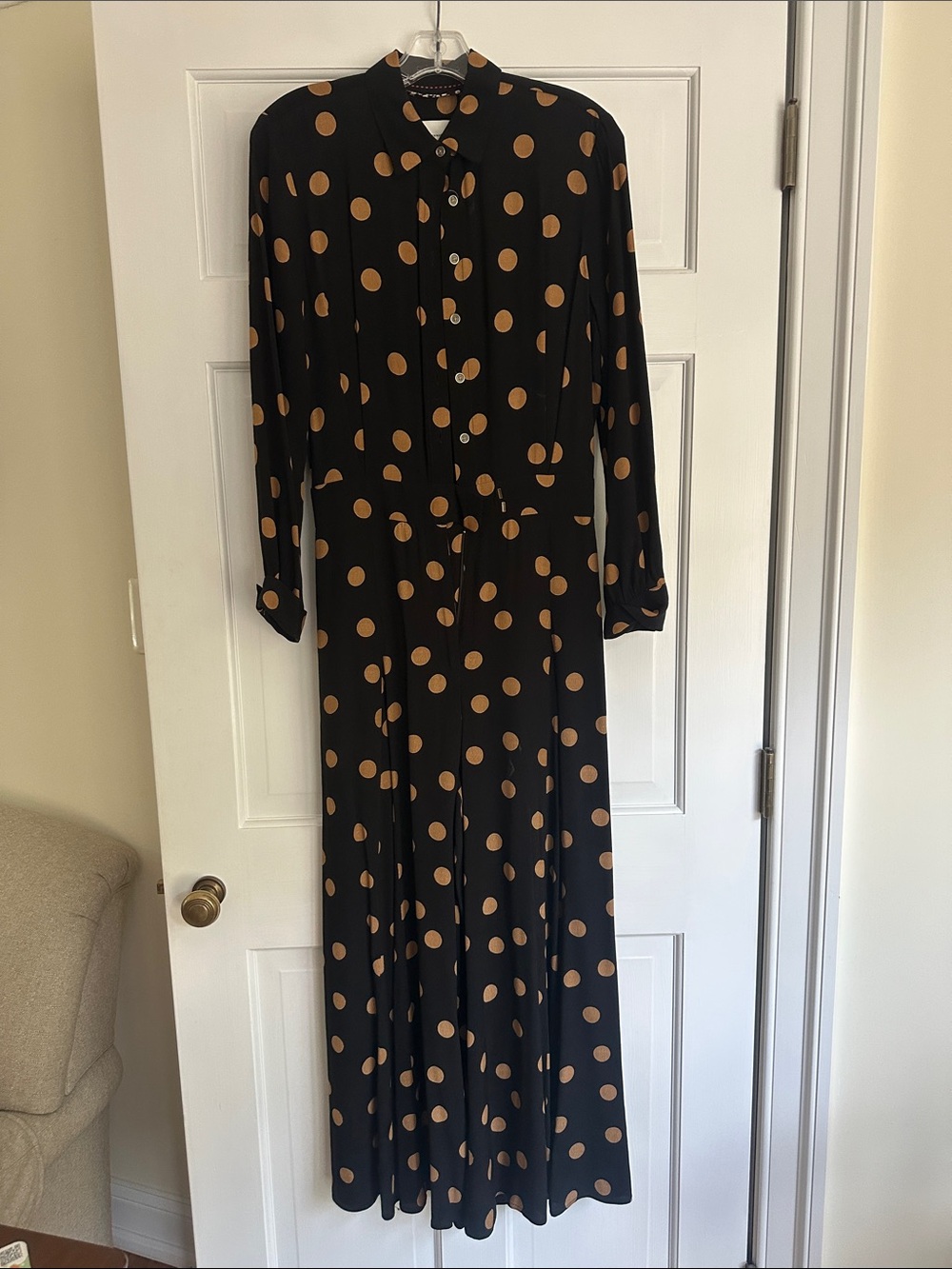 Anthropologie Black Maxi Jumpsuit with Tan Polka Dots